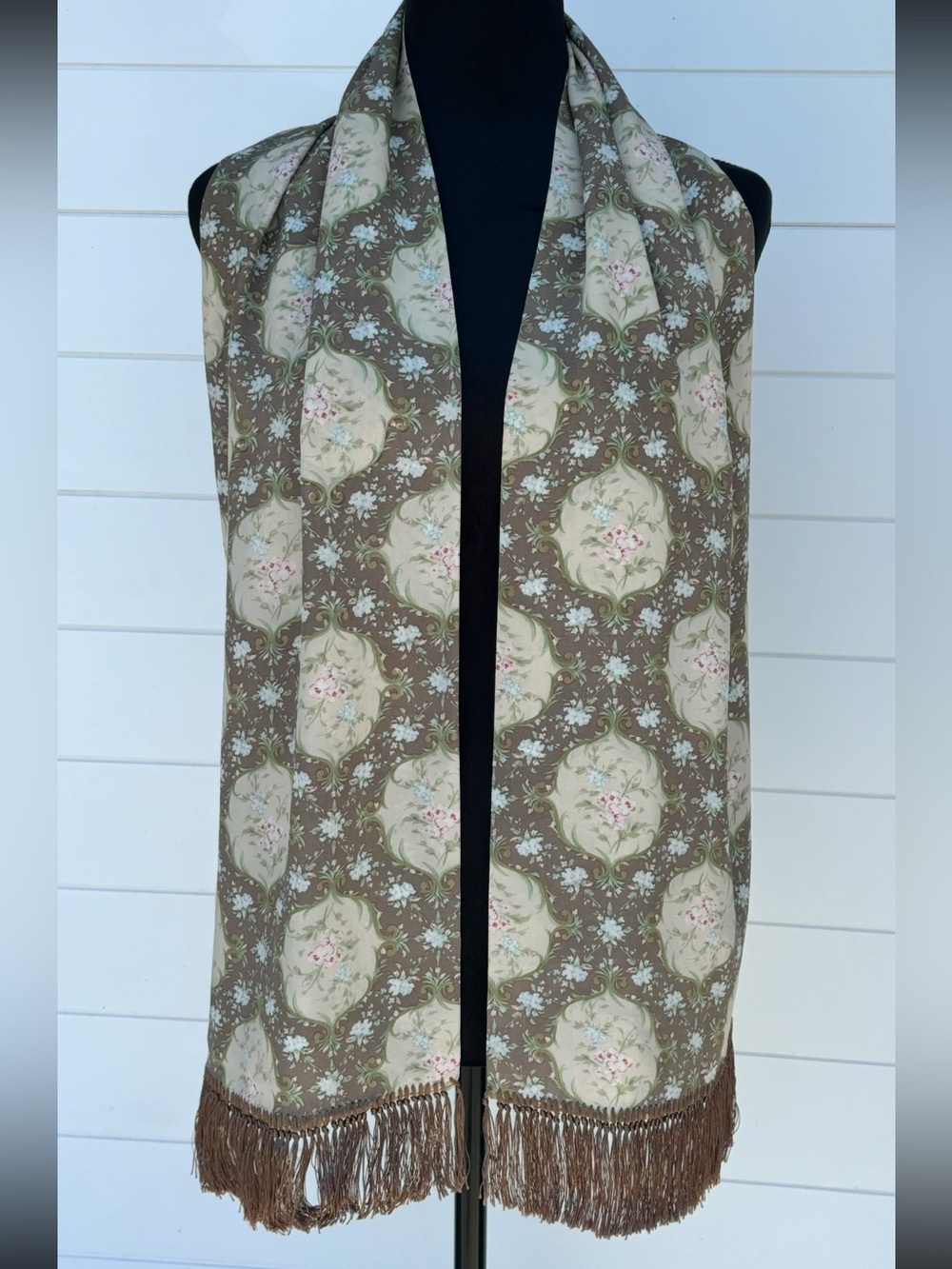 Vintage CASCA 100% Silk Scarf Brown & Cream, Floral Accent & Fringe 65”x10.5”
